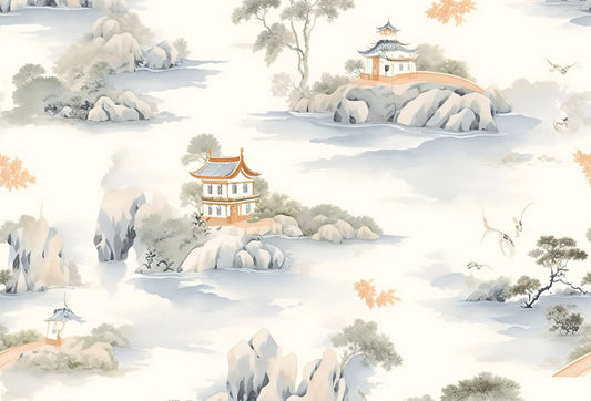 Papel tapiz con diseño oriental de pagodas, rocas y árboles en tonos crema y gris