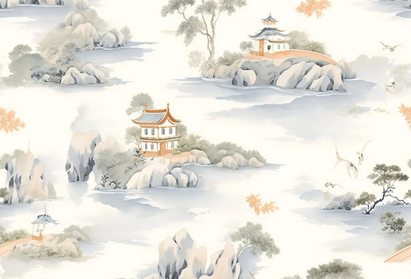 Papel tapiz con diseño oriental de pagodas, rocas y árboles en tonos crema y gris