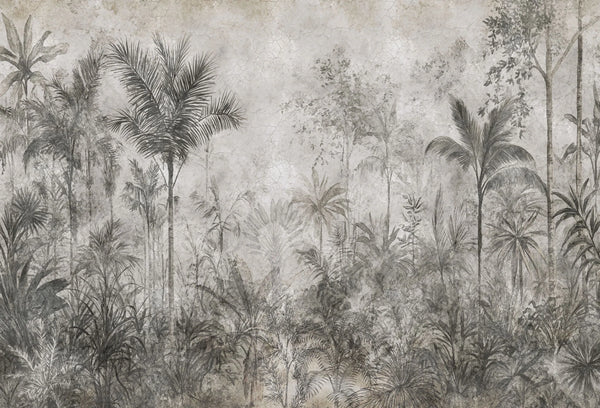 Papel tapiz mural con paisaje de palmeras y follaje tropical en tonos grises y textura envejecida