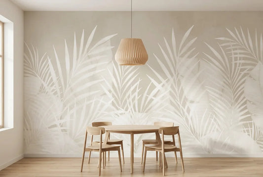 Papel tapiz Palma Beige instalado en un comedor luminoso