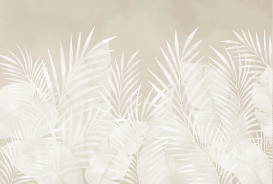 Papel tapiz mural con hojas de palma tropicales blancas sobre fondo beige suave