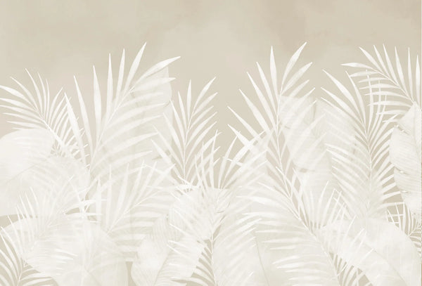 Papel tapiz mural con hojas de palma tropicales blancas sobre fondo beige suave
