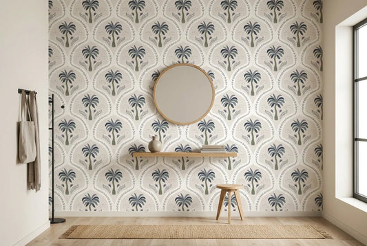 Papel tapiz Palma Bohemia instalado en un recibidor de estilo nórdico