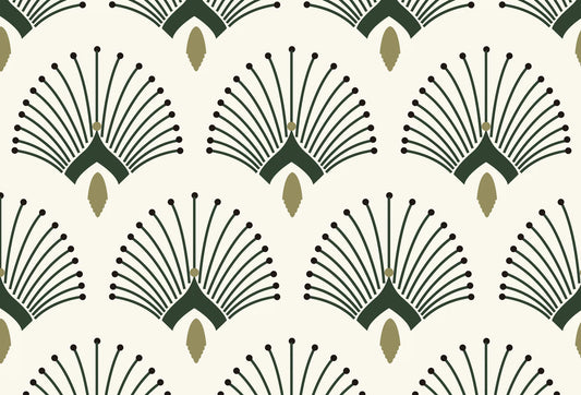 Papel tapiz con patrón Art Déco de abanicos en verde oscuro y detalles dorados sobre fondo crema.