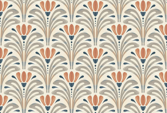 Papel tapiz con patrón botánico geométrico estilo art nouveau en tonos terracota, gris y crema
