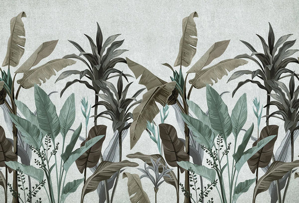 Papel tapiz botánico con palmeras y hojas de plátano en tonos verde salvia, olivo y fondo gris texturizado.