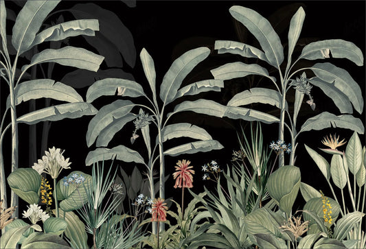 Papel tapiz mural botánico con palmeras y flores exóticas ilustradas sobre fondo negro elegante.