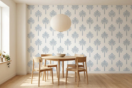 Papel tapiz Palma Serena Empapelados y Patrones instalado en un comedor luminoso