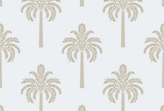 Papel tapiz con patrón repetitivo de palmeras estilizadas en tono verde salvia sobre fondo claro y minimalista.