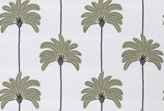 Papel tapiz con patrón de palmeras estilizadas en verde oliva sobre fondo blanco texturado.