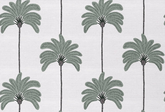 Papel tapiz con patrón repetido de palmeras estilizadas en verde salvia sobre fondo gris claro.