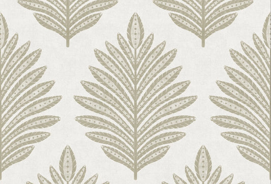 Papel tapiz con patrón simétrico de hojas estilizadas en tonos beige y fondo crema con textura sutil
