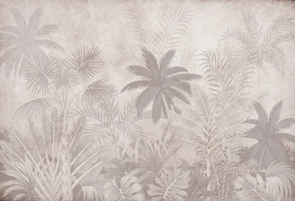 Papel tapiz mural con palmeras tropicales y hojas botánicas en tonos neutros beige y gris topo vintage