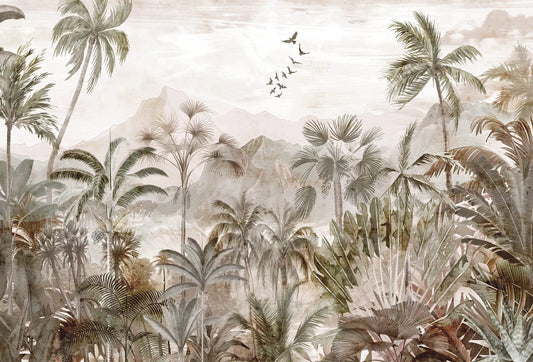 Papel tapiz mural con palmeras tropicales, montañas de fondo y aves en tonos sepia y verde oliva