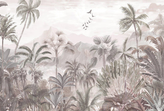 Papel tapiz mural con paisaje botánico de palmeras y montañas en tonos sepia y gris suave.