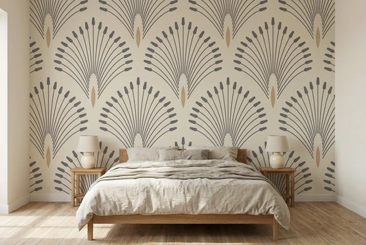 Papel tapiz Palmera Déco instalado en un dormitorio sereno