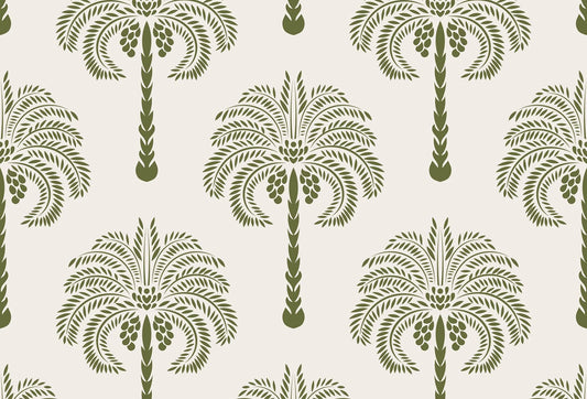 Papel tapiz con patrón de palmeras estilizadas en verde oliva sobre fondo marfil claro.