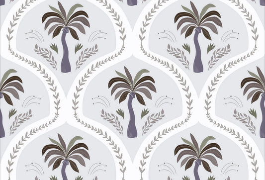 Papel tapiz de palmeras estilizadas en arcos decorativos con tonos gris azulado, salvia y blanco para pared.