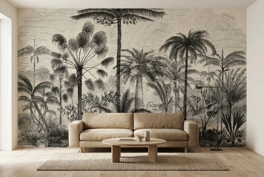 Papel tapiz Palmeras Reales instalado en una sala de estar minimalista