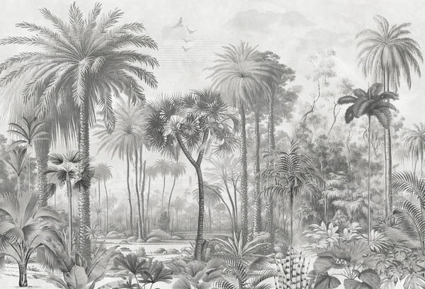 Papel tapiz mural estilo grabado con bosque de palmeras reales tropicales en tonos escala de grises