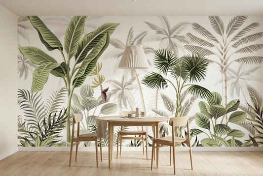 Papel tapiz Palmeras Royal instalado en un comedor luminoso