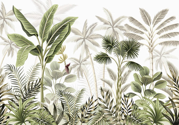 Papel tapiz mural con paisaje de palmeras y follaje tropical en tonos verde olivo y fondo neutro.