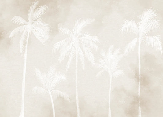 Papel tapiz mural con siluetas blancas de palmeras tropicales sobre fondo sepia y beige texturizado.