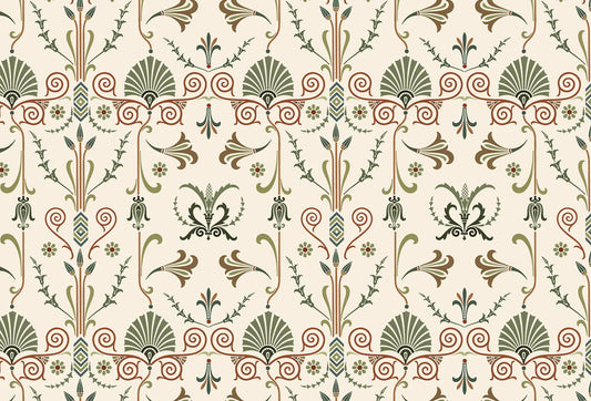 Papel tapiz con patrón ornamental neoclásico de palmetas botánicas en tonos verde salvia y terracota sobre fondo crema.