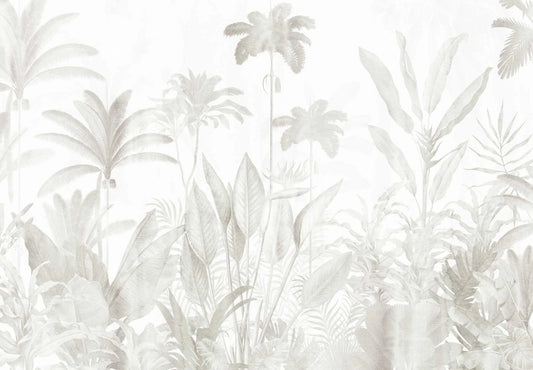 Papel tapiz mural con follaje tropical y palmeras en delicados tonos grises y blancos.