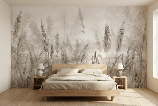 Papel tapiz Pampas Silvestres instalado en un dormitorio sereno