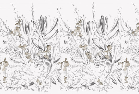 Papel tapiz botánico Panacea con trazos artísticos de hojas y ramas en tonos grises sobre fondo blanco