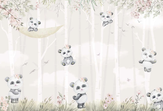 Papel tapiz mural infantil con tiernos osos panda en acuarela entre árboles y flores rosa pastel.