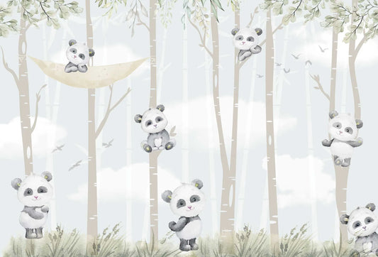 Papel tapiz mural infantil con tiernos osos pandas ilustrados en acuarela entre árboles y fondo celeste