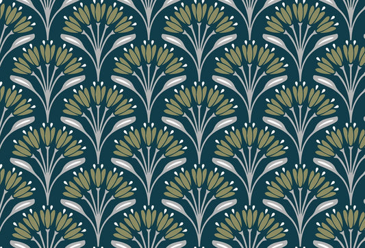Papel tapiz con patrón botánico estilo art nouveau en abanico verde oliva sobre fondo azul petróleo