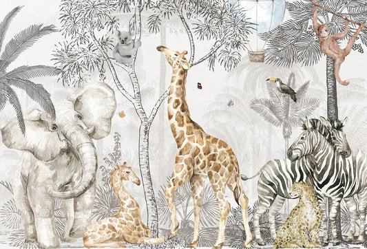 Papel tapiz mural safari con jirafas, elefante y cebras en tonos neutros y acuarela para cuarto infantil.