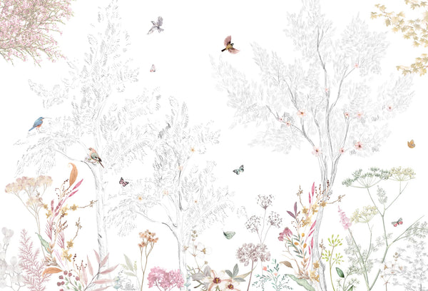 Papel tapiz mural con árboles en boceto, flores silvestres en tonos pastel, mariposas y aves sobre fondo blanco.
