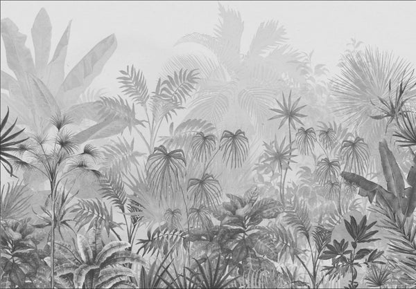 Papel tapiz mural con exuberante selva tropical en escala de grises y estilo botánico.
