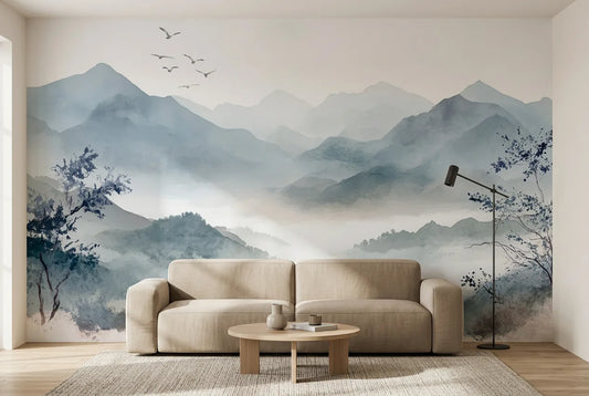 Papel tapiz Patagonia instalado en una sala de estar minimalista