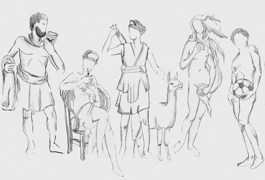 Papel tapiz con ilustraciones en blanco y negro de estatuas clásicas con objetos contemporáneos y una llama.