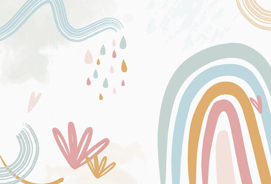 Papel tapiz infantil con arcoíris boho, gotas de lluvia y trazos abstractos en tonos pastel.