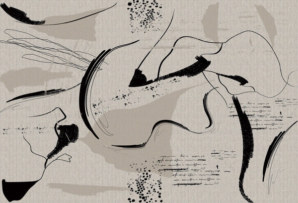 Papel tapiz abstracto con trazos de tinta negra y manchas en tonos neutros sobre fondo texturizado.