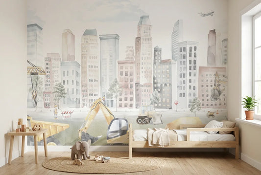 Papel tapiz Pequeña Obra instalado en una habitación infantil
