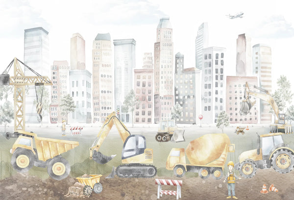 Papel tapiz infantil en acuarela con camiones de construcción, grúas y edificios en tonos amarillos y grises.