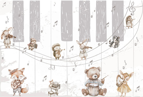 Papel tapiz mural infantil con animales del bosque tocando instrumentos musicales sobre teclas de piano y notas en acuarela.