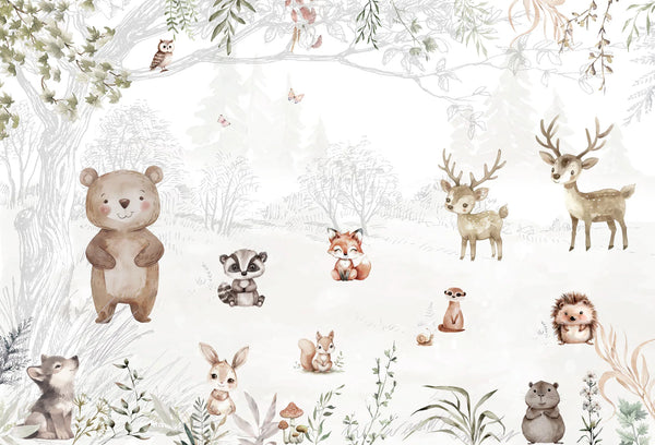 Papel tapiz infantil con tiernos animales del bosque en acuarela beige y gris