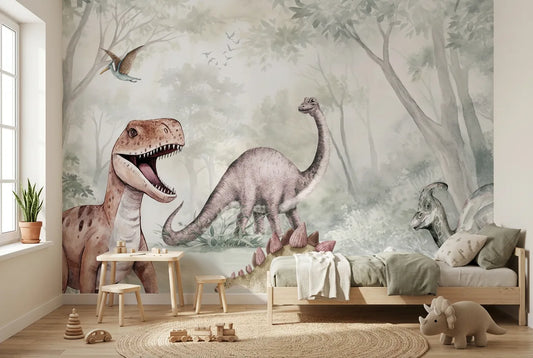 Papel tapiz Pequeño Jurásico instalado en una habitación infantil