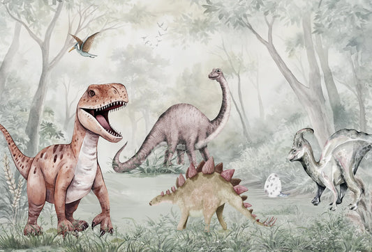 Papel tapiz mural infantil con dinosaurios en estilo acuarela y bosque en tonos verde salvia.
