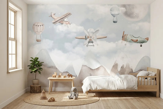 Papel tapiz Pequeños Aviadores instalado en una habitación infantil