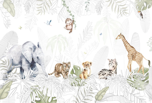 Papel tapiz infantil con crías de animales de la selva en acuarela y follaje verde sobre fondo blanco.