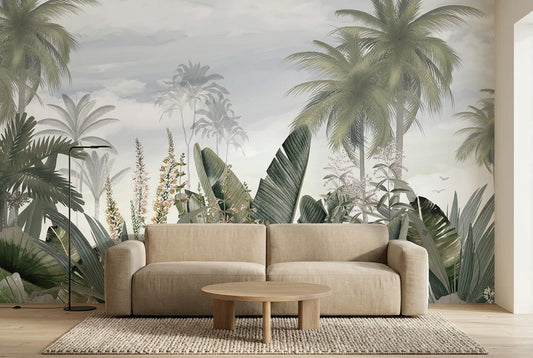 Papel tapiz Phuket instalado en una sala de estar minimalista